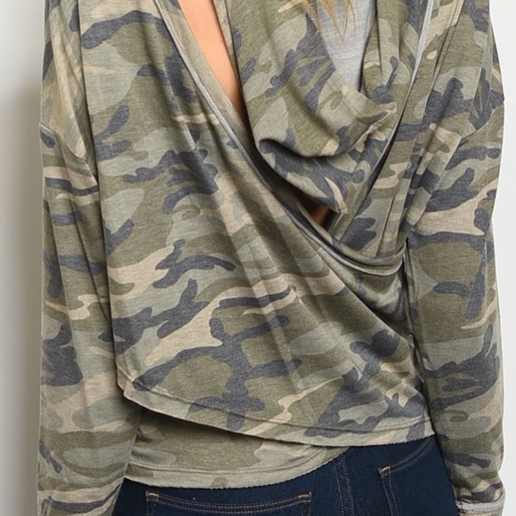 Camouflage Green Open Cross Over Back Design Hoodie Top - Picture 3 of 8